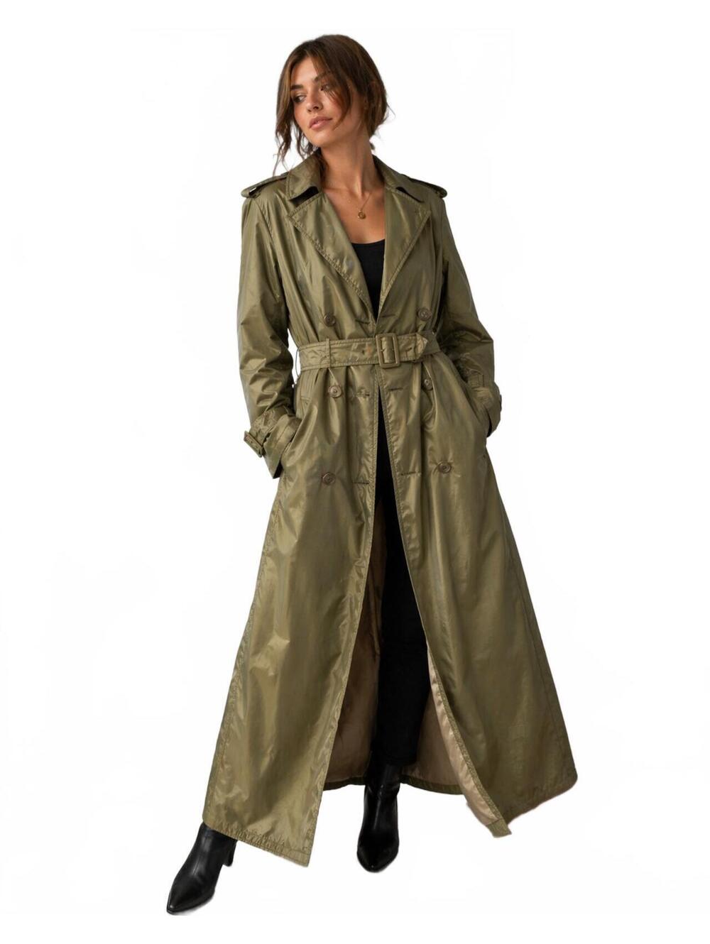 Vintage Military Trench Coat X-Long 36 Olive Green Belted Raincoat Full Length